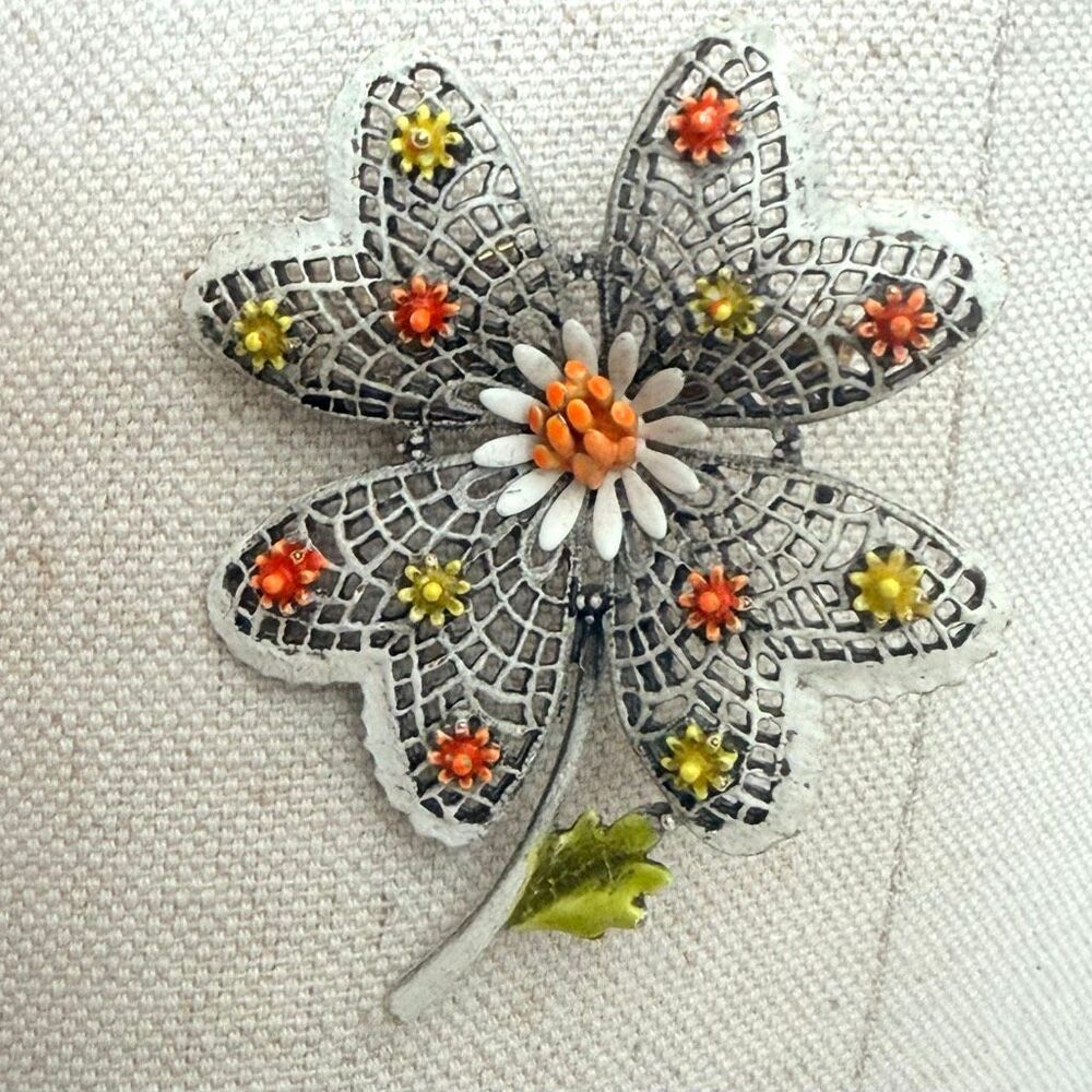 Vintage ART Arthur Pepper Enamel Lattice Flower Brooch Orange Yellow White